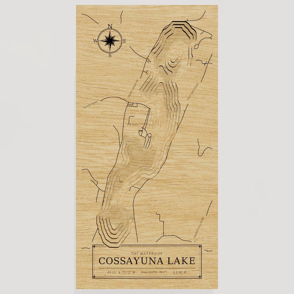 Cossayuna Lake 3D wood map, front view