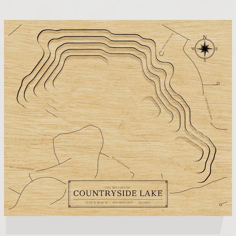 Countryside Lake 3D wood map, front view