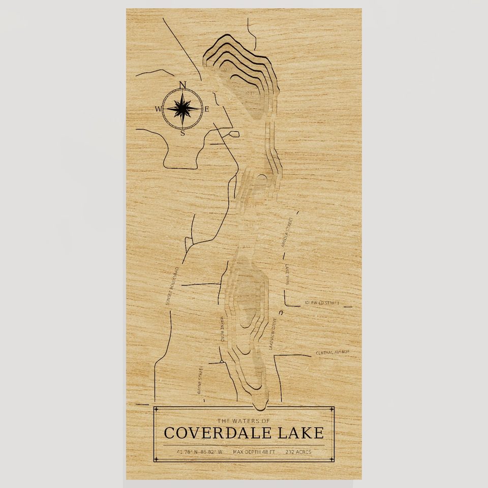 Coverdale Lake 3D wood map, front view