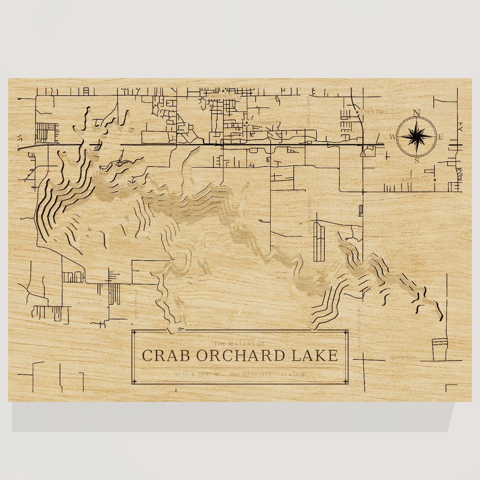 Crab Orchard Lake 3D wood map, front view