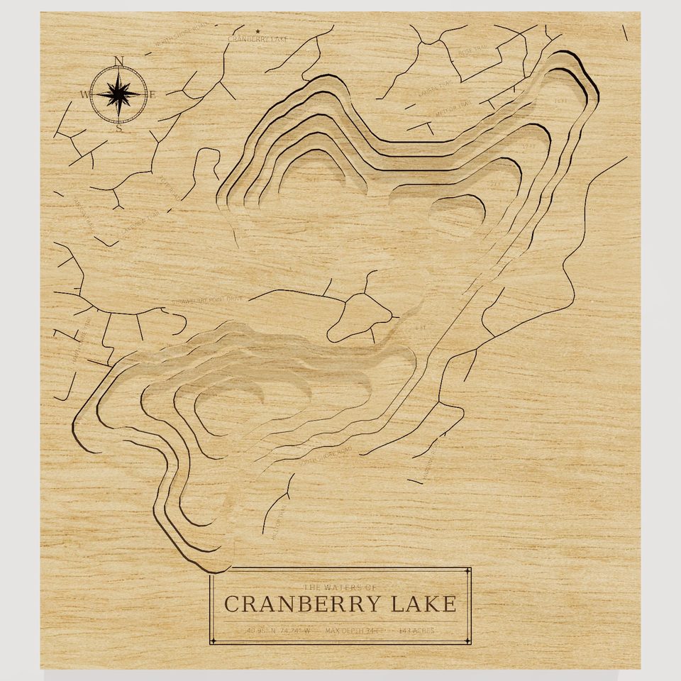 Cranberry Lake 3D wood map, front view