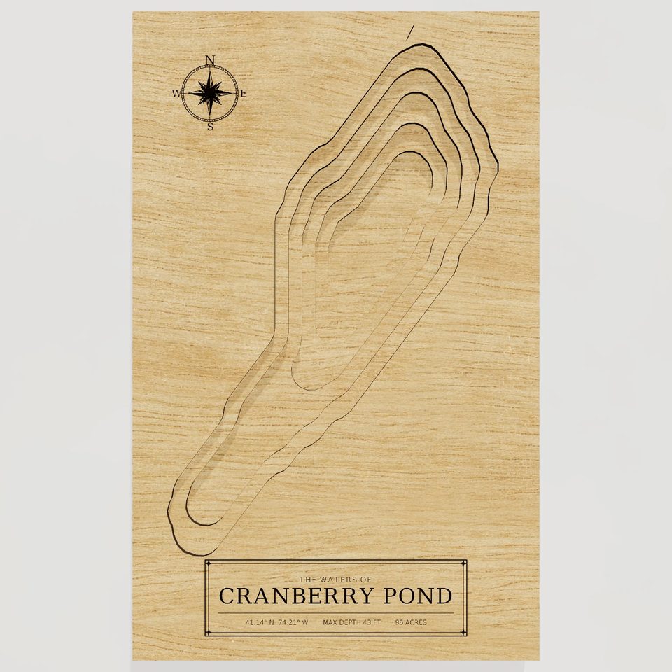 Cranberry Pond 3D wood map, front view