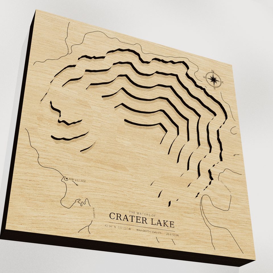 Crater Lake 3D wood map, angle low view
