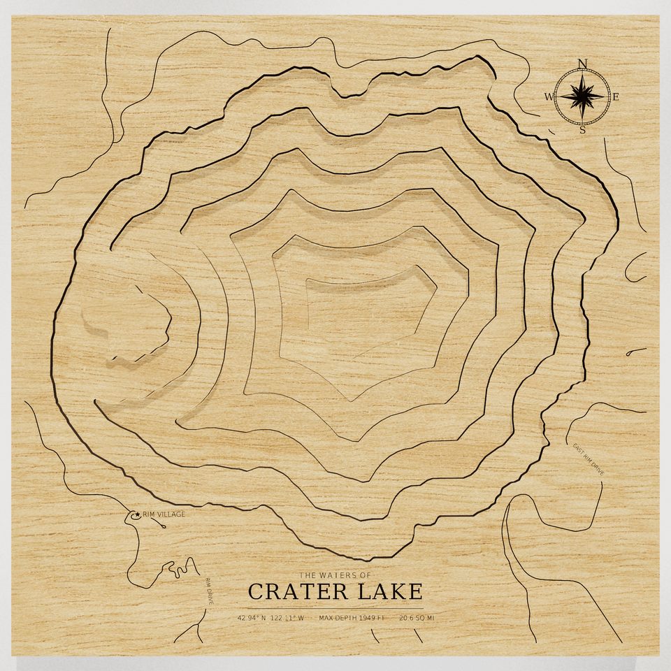 Crater Lake 3D wood map, front view