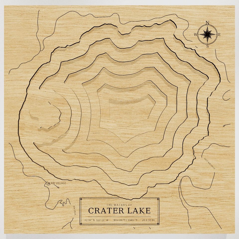 Crater Lake 3D wood map, front view