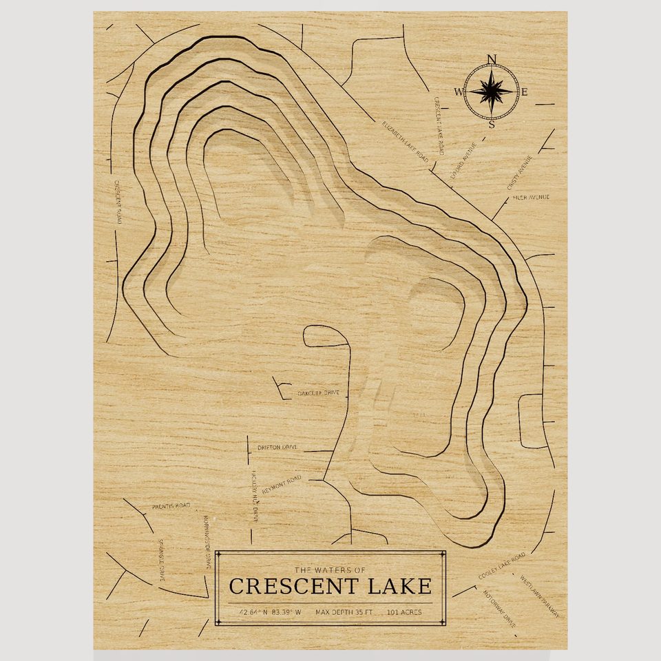 Crescent Lake 3D wood map, front view