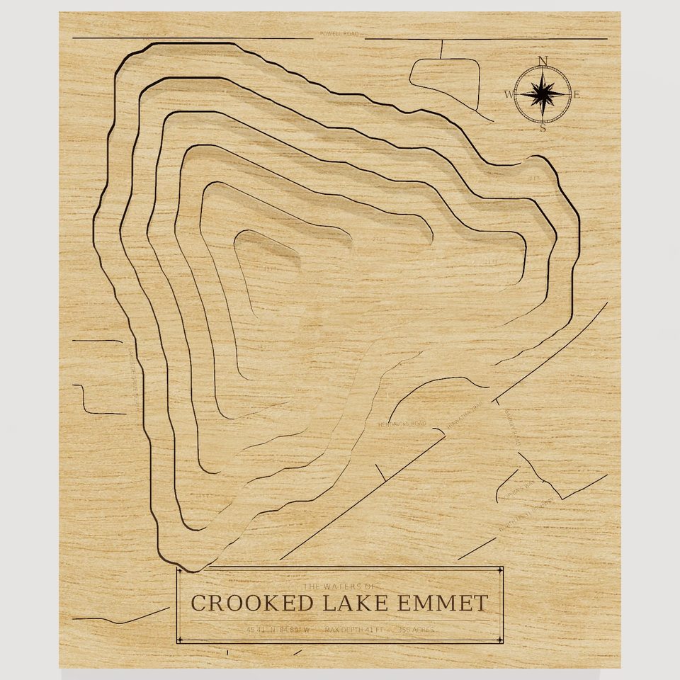 Crooked Lake Emmet 3D wood map, front view