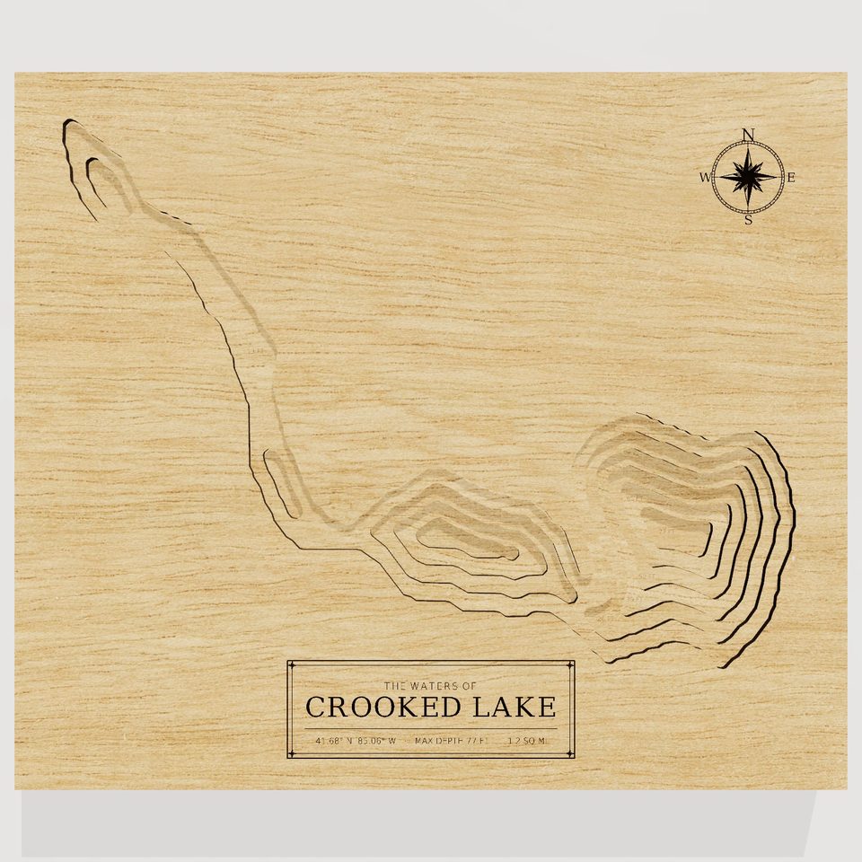 Crooked Lake 3D wood map, front view