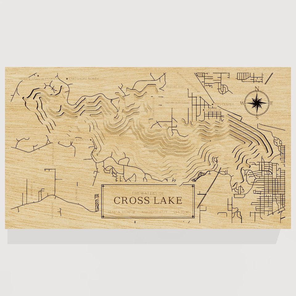 Cross Lake 3D wood map, front view