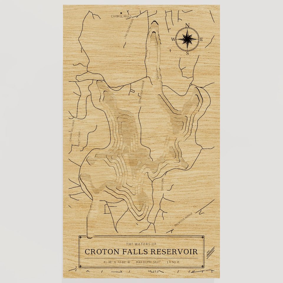 Croton Falls Reservoir 3D wood map, front view