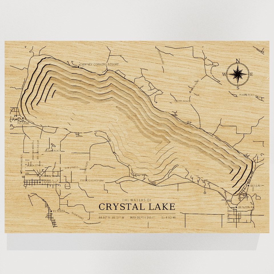 Crystal Lake 3D wood map, front view