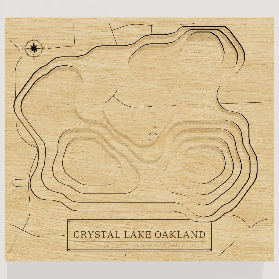 Crystal Lake Oakland 3D wood map, front view