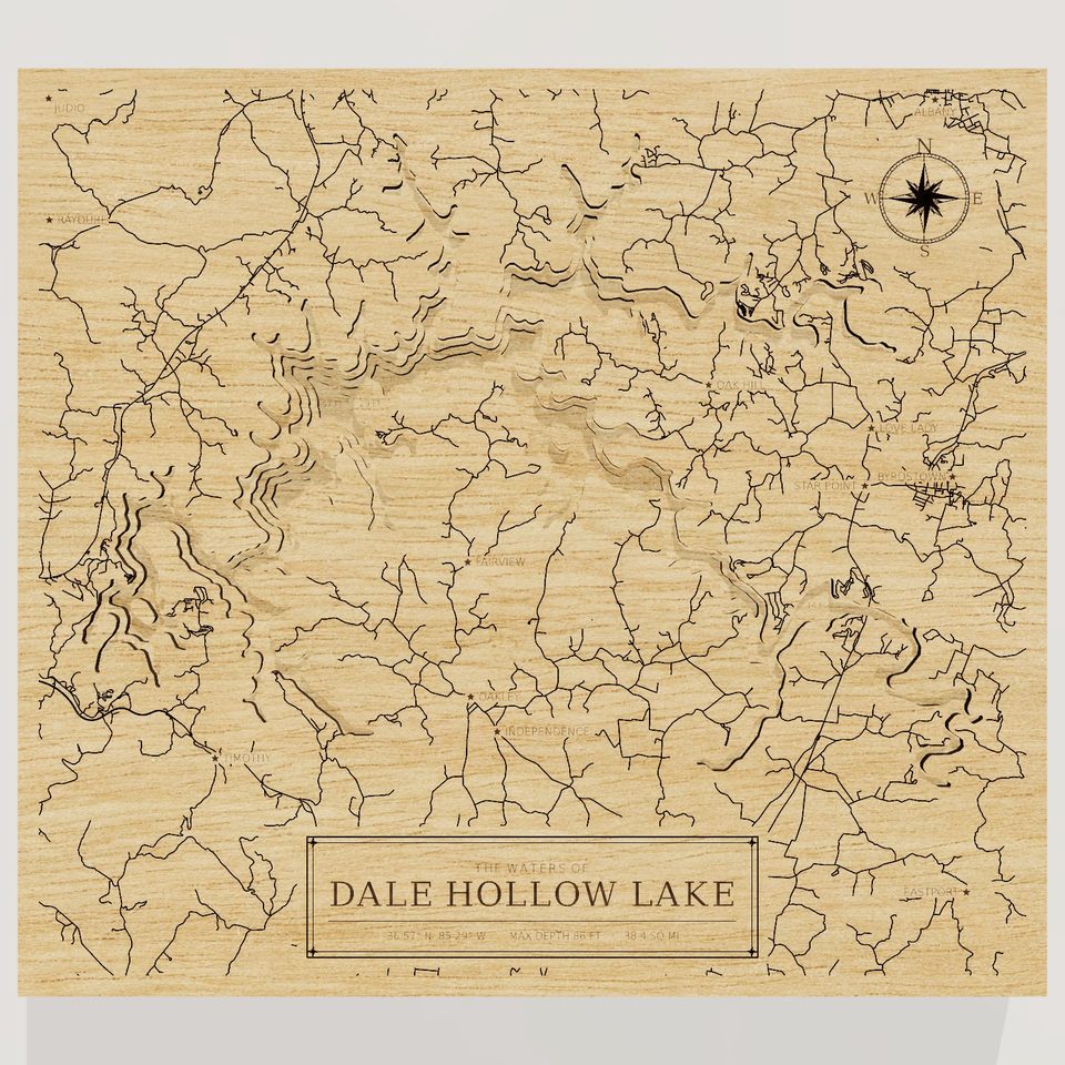 Dale Hollow Lake 3D wood map, front view