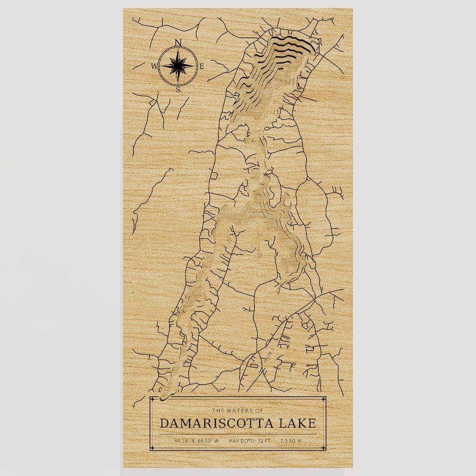 Damariscotta Lake 3D wood map, front view