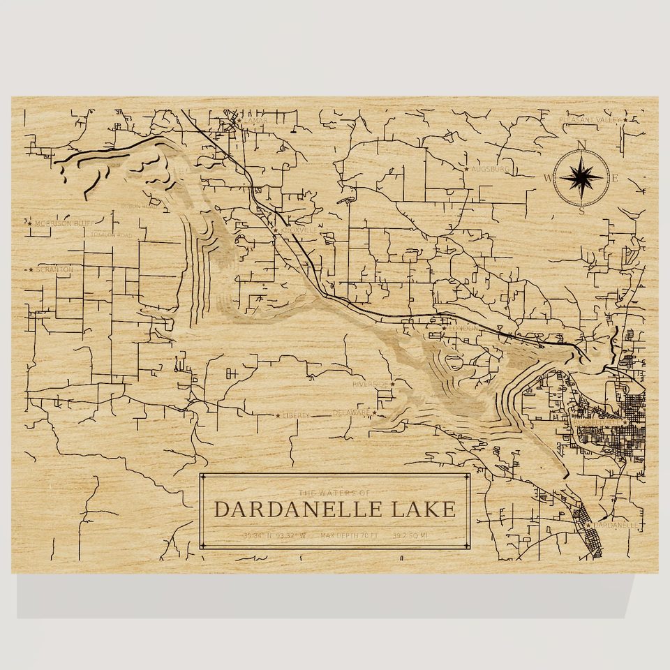 Dardanelle Lake 3D wood map, front view