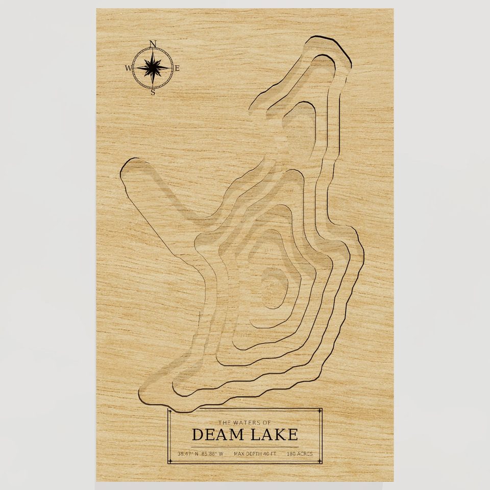 Deam Lake 3D wood map, front view