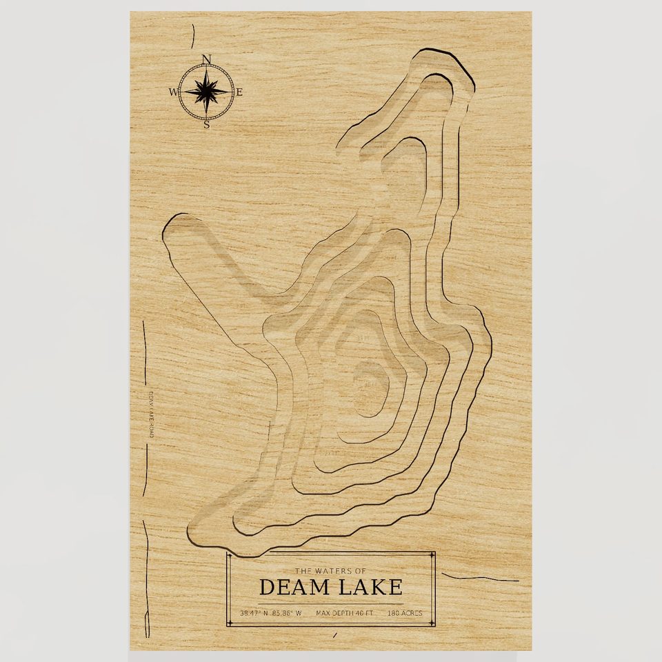 Deam Lake 3D wood map, front view