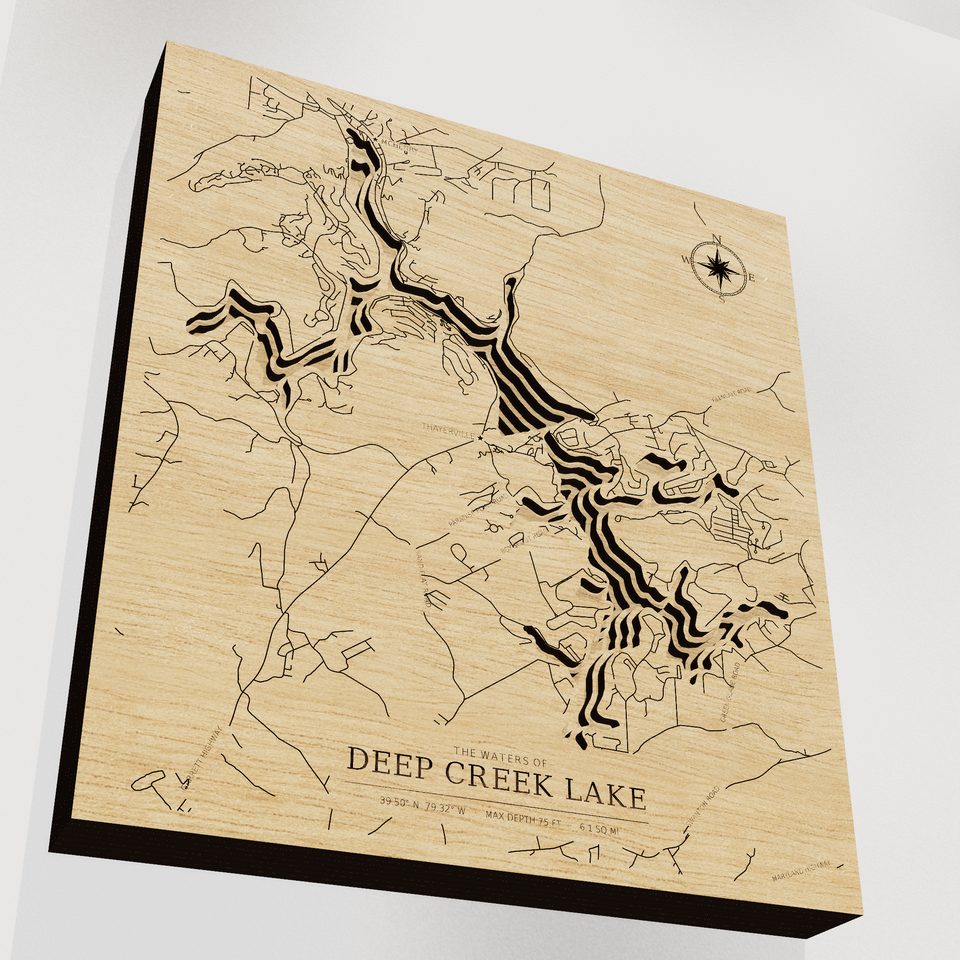 Deep Creek Lake 3D wood map, angle low view