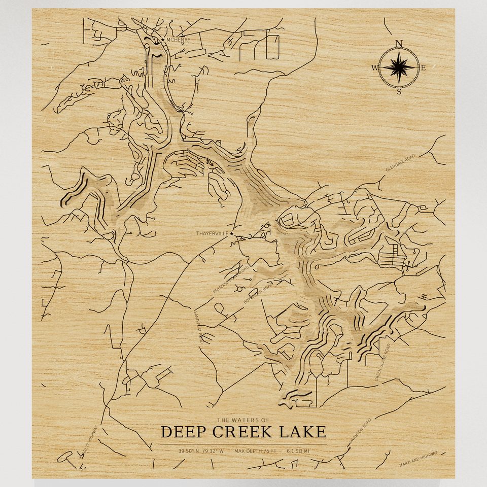 Deep Creek Lake 3D wood map, front view