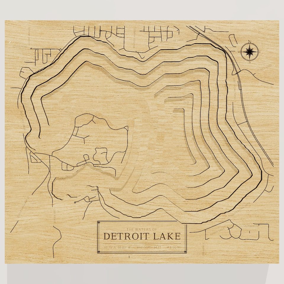Detroit Lake 3D wood map, front view