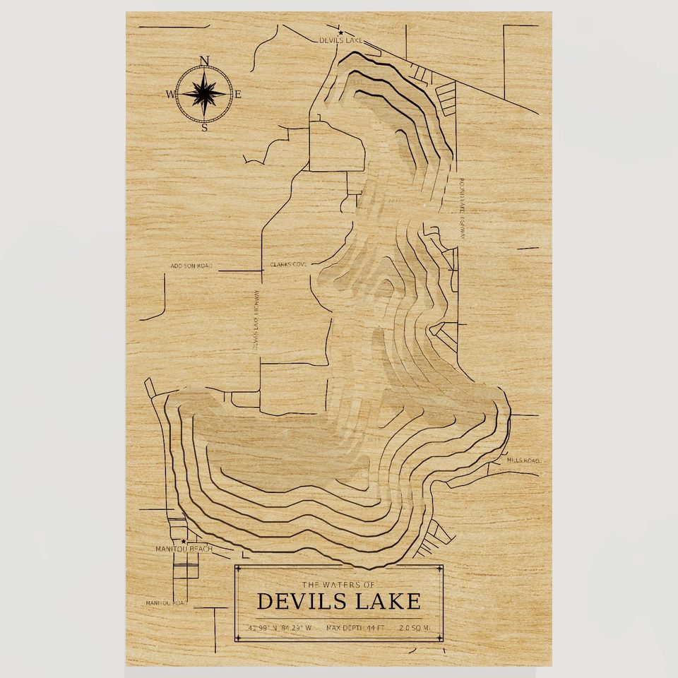 Devils Lake 3D wood map, front view