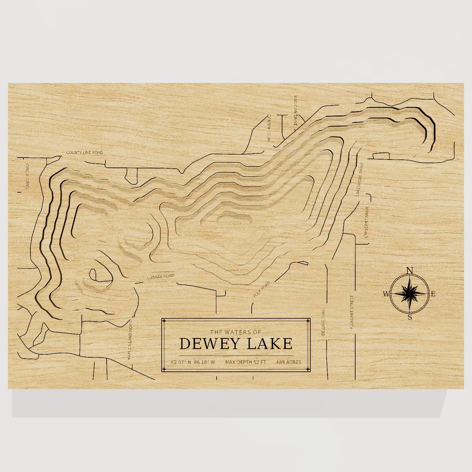 Dewey Lake 3D wood map, front view