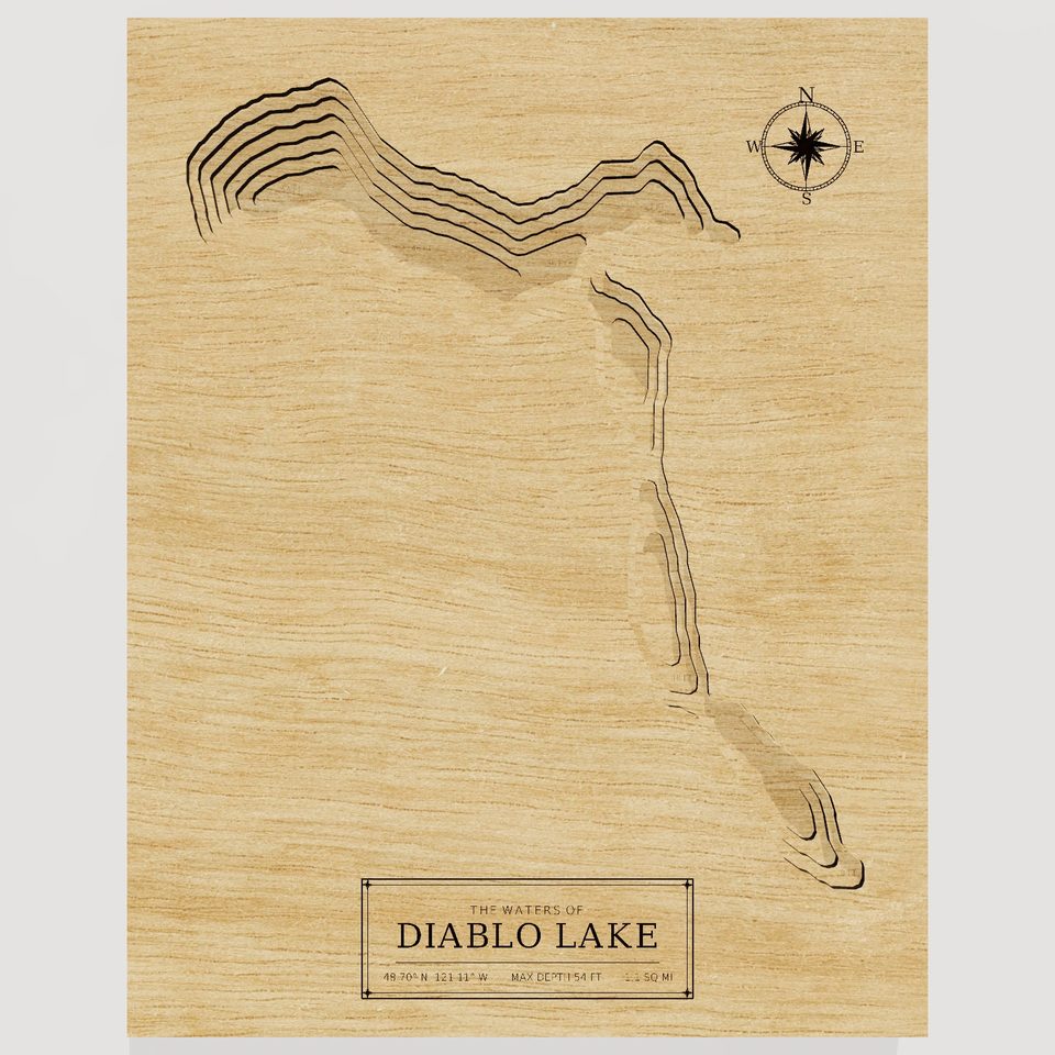 Diablo Lake 3D wood map, front view