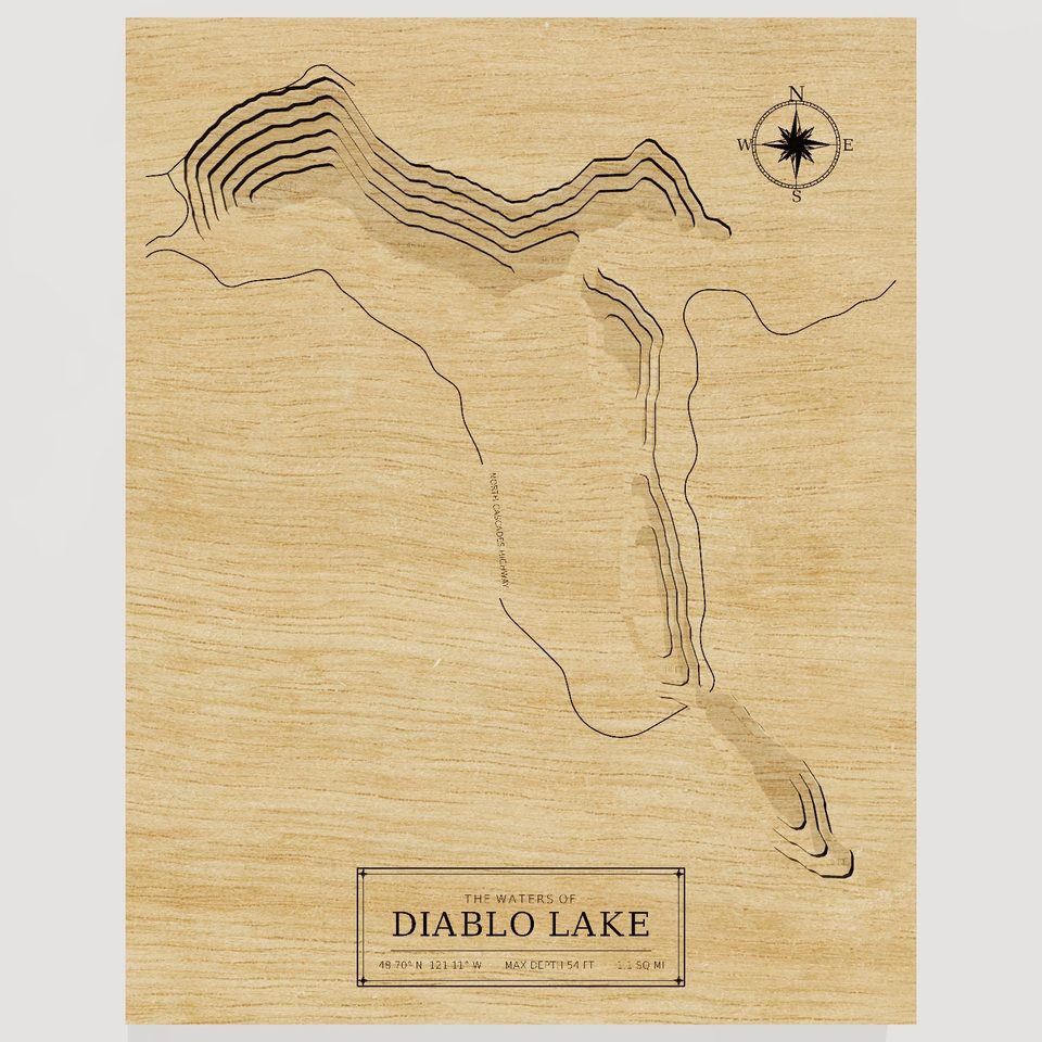 Diablo Lake 3D wood map, front view
