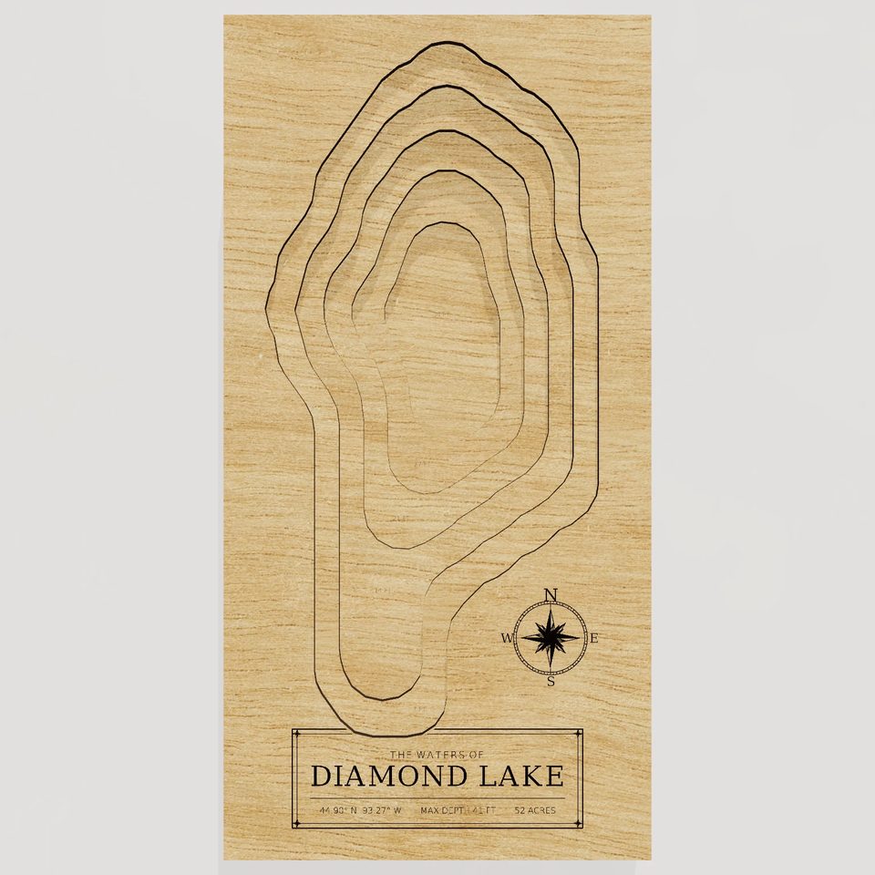 Diamond Lake 3D wood map, front view