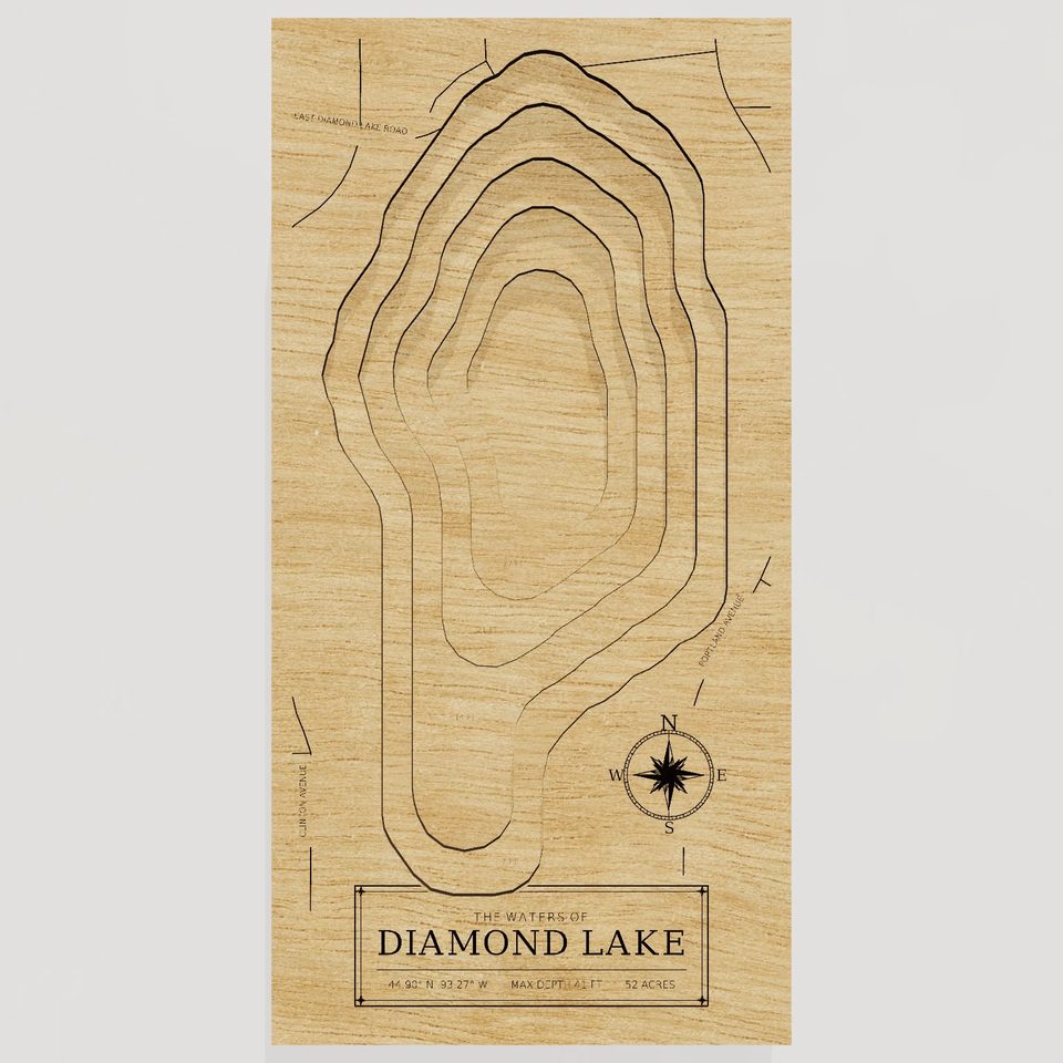 Diamond Lake 3D wood map, front view