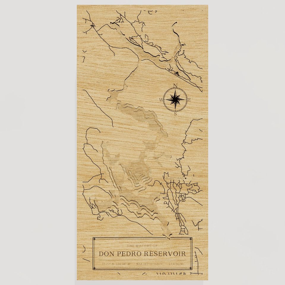 Don Pedro Reservoir 3D wood map, front view