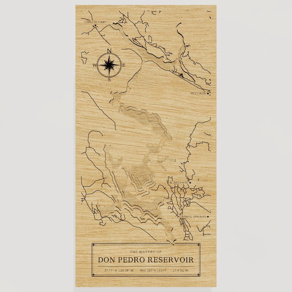 Don Pedro Reservoir 3D wood map, front view