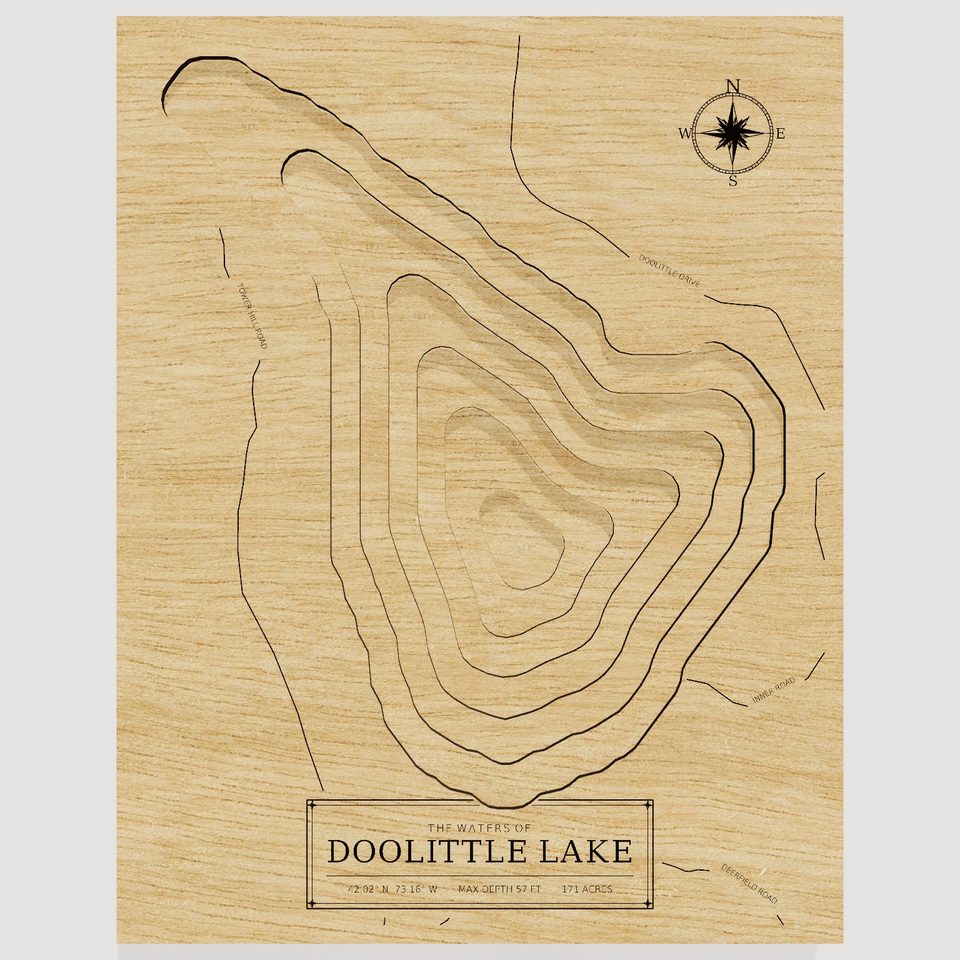Doolittle Lake 3D wood map, front view