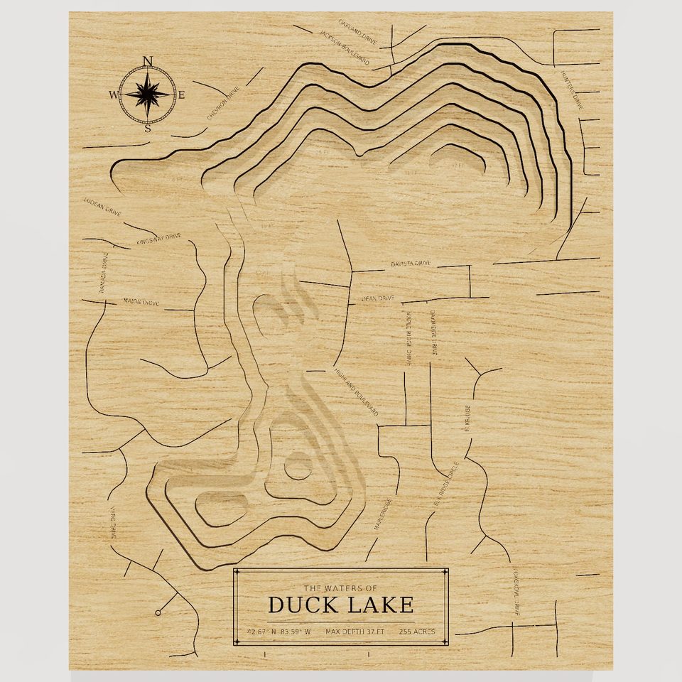 Duck Lake 3D wood map, front view