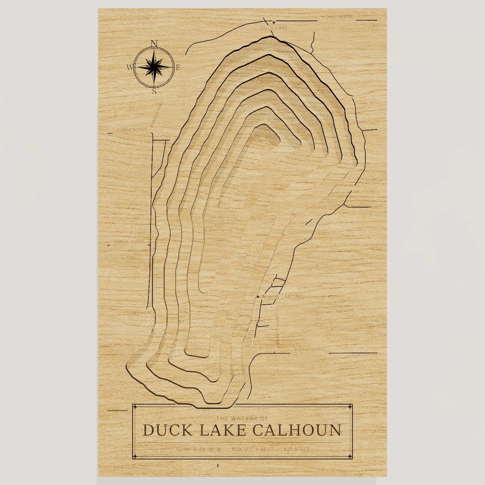 Duck Lake Calhoun 3D wood map, front view