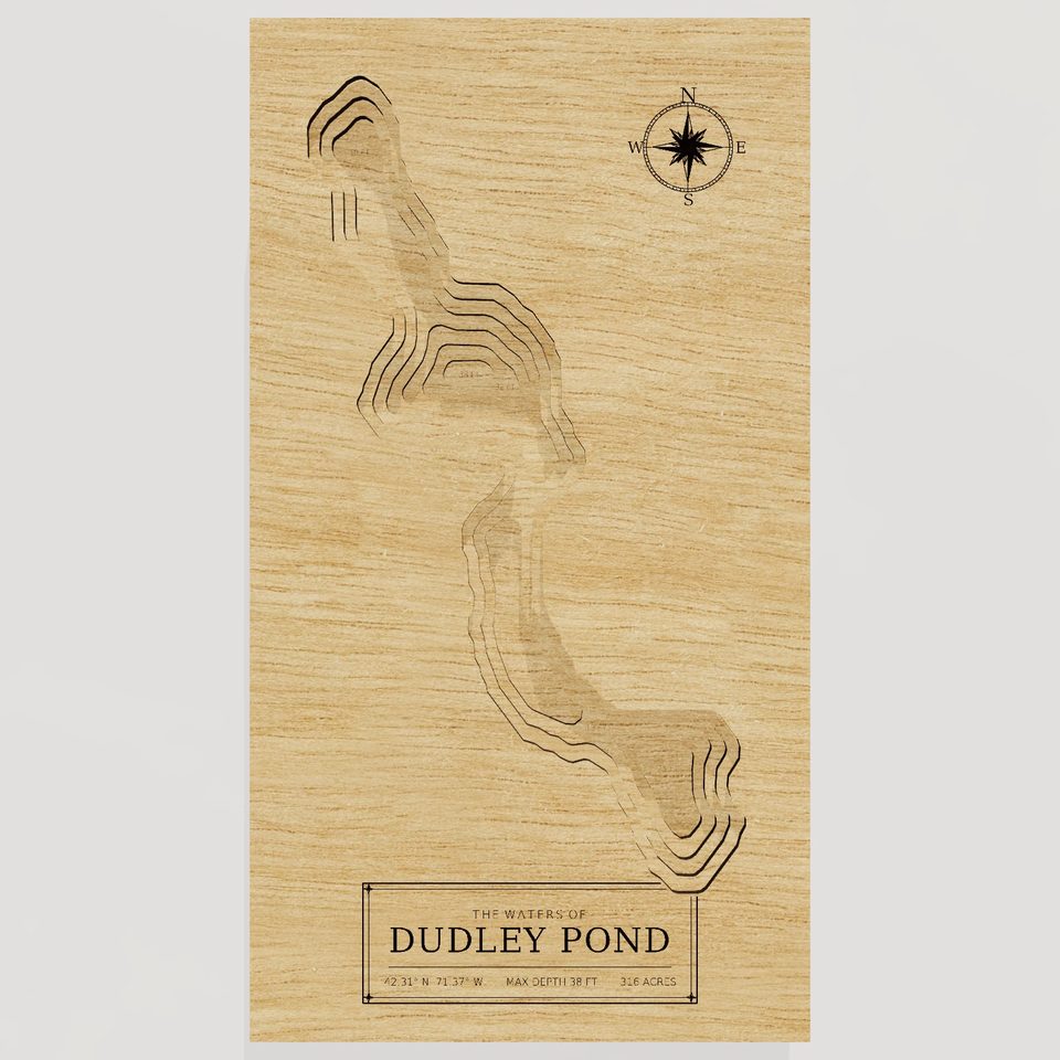 Dudley Pond 3D wood map, front view