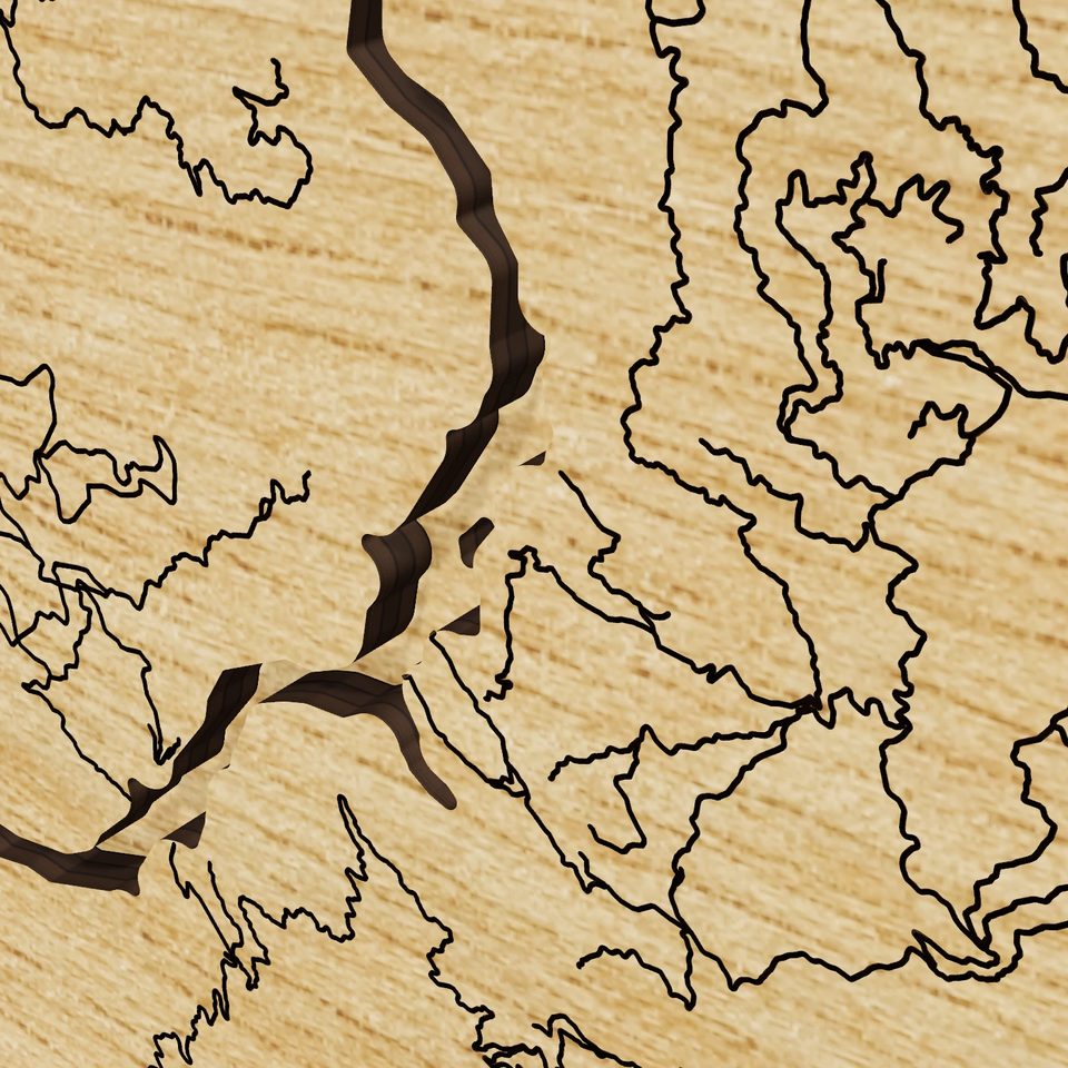 Dworshak Reservoir 3D wood map, detail view