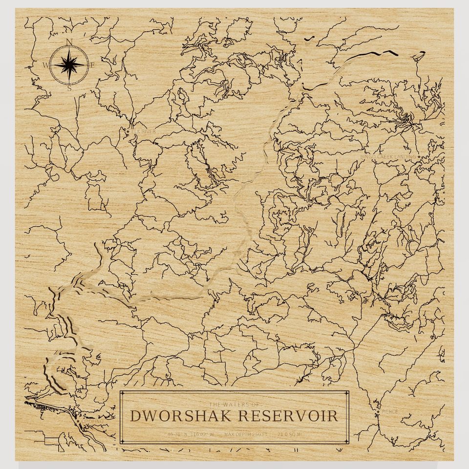 Dworshak Reservoir 3D wood map, front view