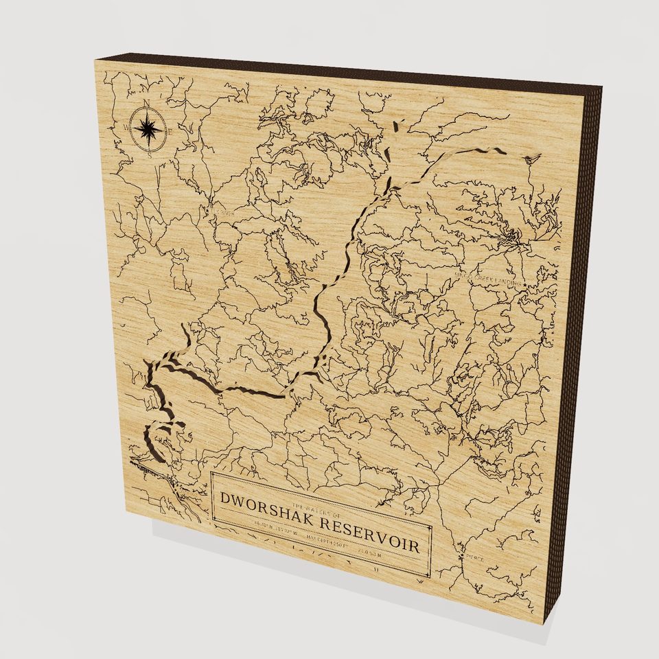 Dworshak Reservoir 3D wood map, hero view