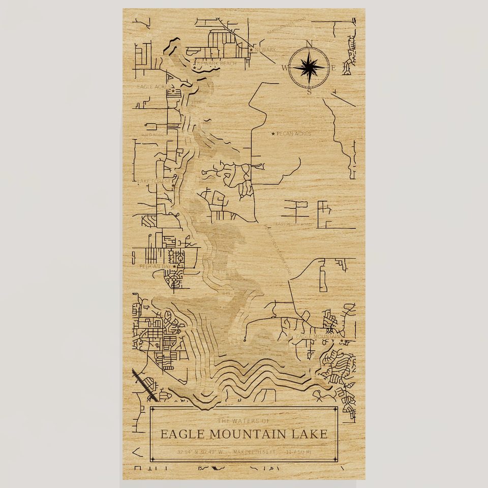 Eagle Mountain Lake 3D wood map, front view