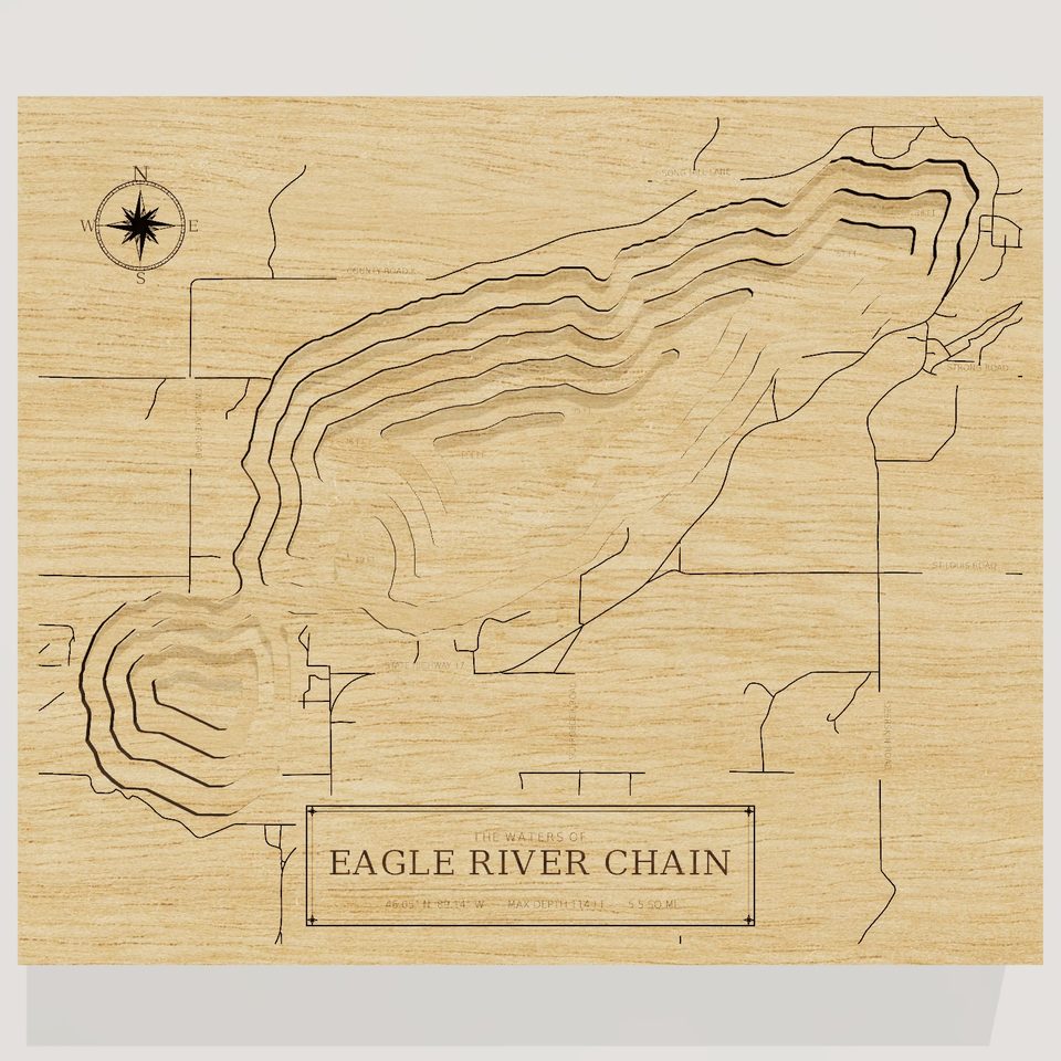 Eagle River Chain 3D wood map, front view