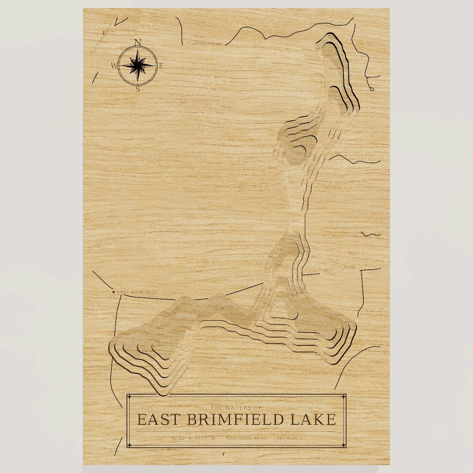 East Brimfield Lake 3D wood map, front view