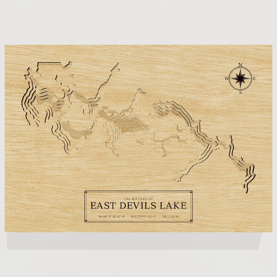 East Devils Lake 3D wood map, front view