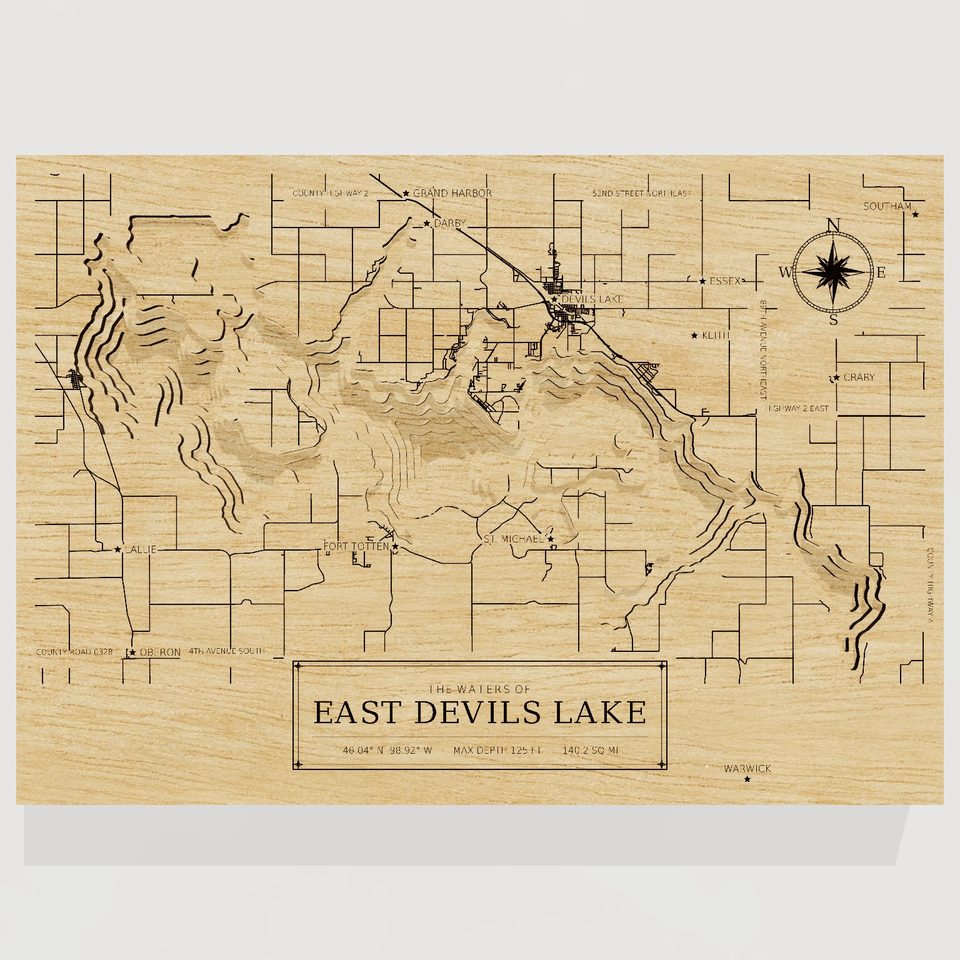 East Devils Lake 3D wood map, front view