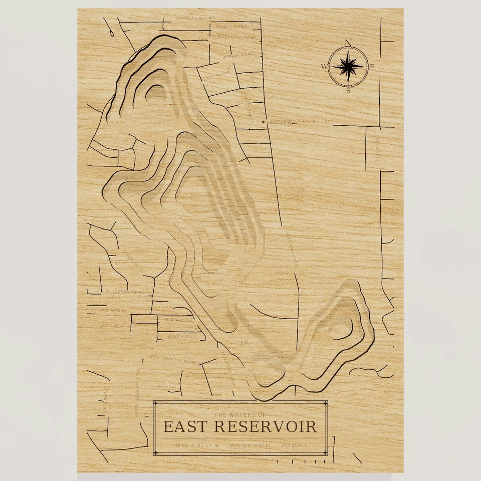 East Reservoir 3D wood map, front view