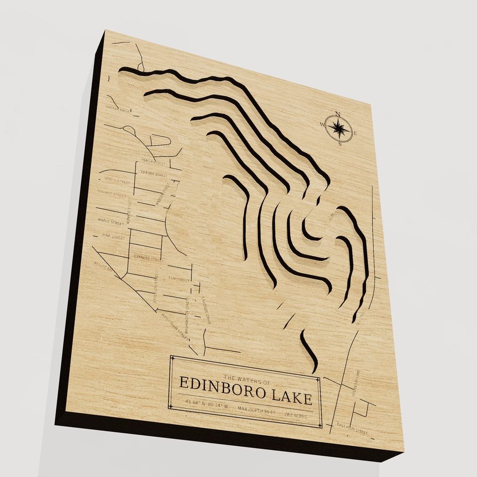 Edinboro Lake 3D wood map, angle low view