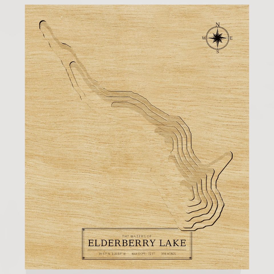 Elderberry Lake 3D wood map, front view