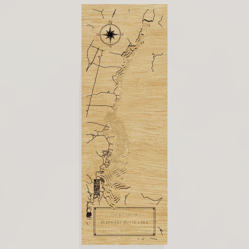 Elephant Butte Lake 3D wood map, front view