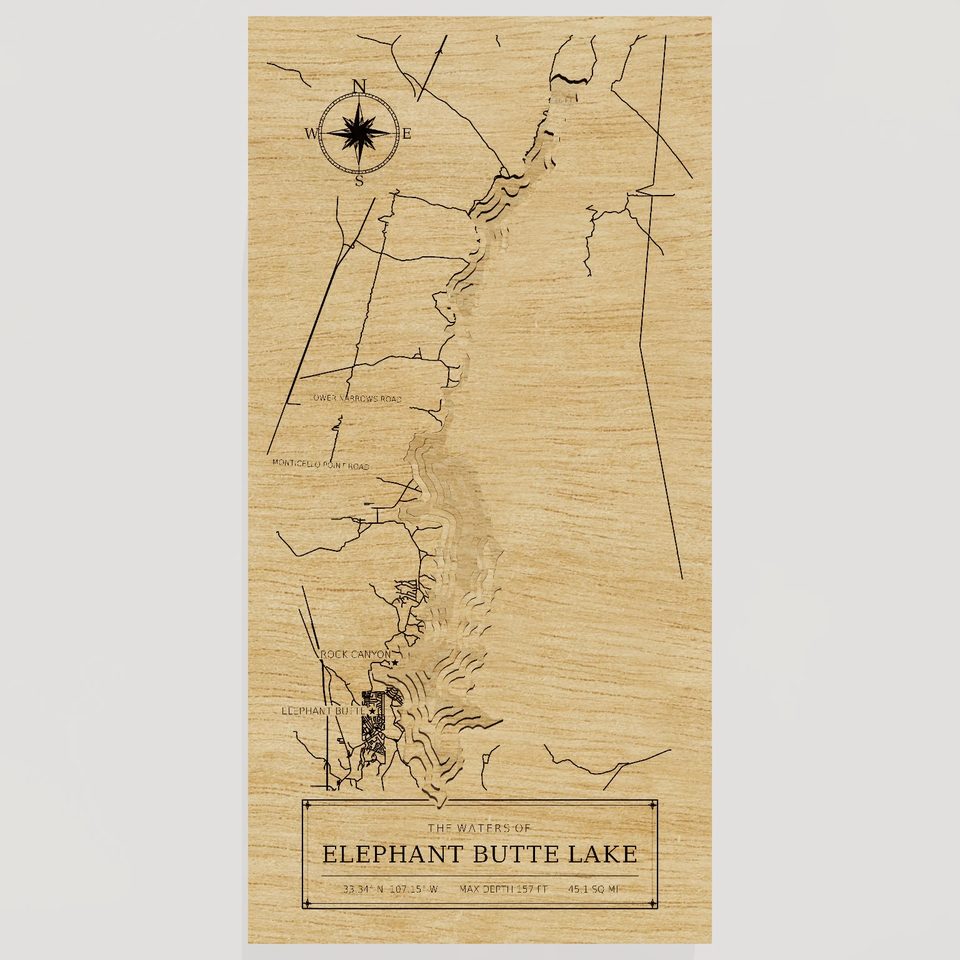 Elephant Butte Lake 3D wood map, front view
