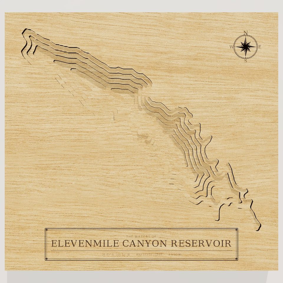 Elevenmile Canyon Reservoir 3D wood map, front view